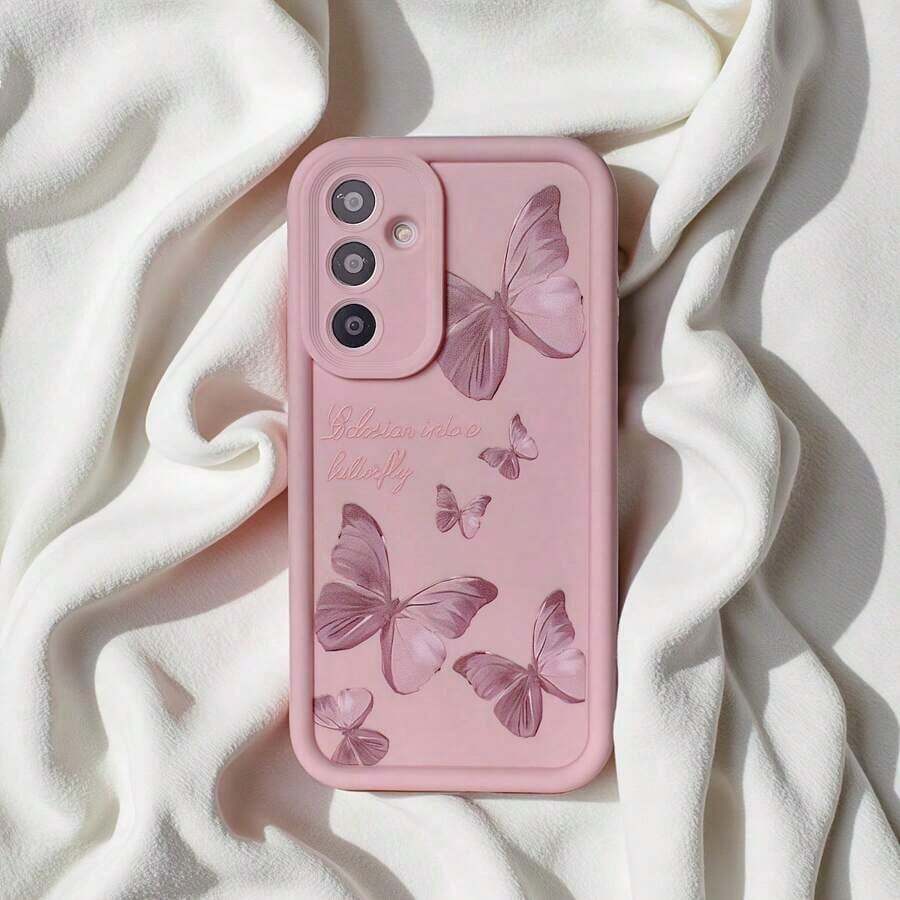 1pc Pastel Pink Butterfly & English Text Cute Cartoon Creative Minimalist Aesthetic Soft Phone Case, Matte Pink Lens Frame Stepped Design Full Protection, Compatible With Samsung Galaxy Series A54/A53/A52(A52S Compatible)/A34(5G)A32(5G)/A14(5G)/A13 5G/A04S/S21/S21U/S22/S22U/S23/S23+/S23U And S24 Series A15/A35(5G)/A55(5G)/A25(5G) Waterproof Shockproof Anti-Fall Scratch Resistant - 粉色 - 查看 1
