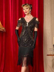 Váy Đại Gia Gatsby Cho Nữ, Váy Flapper, Váy Nữ Thập Niên 1920, Trang Phục Rực Rỡ Thập Niên 20 - Vàng - Xem 4