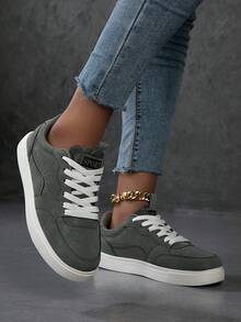 Giày thể thao nữ thường ngày, Giày thời trang dạo phố màu trắng, Giày trượt ván nhẹ - xanh quân đội - Xem 4