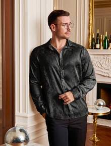 Mens Satin Dress Shirts Long Sleeve Silk Shirt Shiny Luxury Button Up Floral Shirt Party Prom Wedding Shirtshalloween - 黑色 - 查看 4