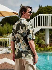 Men's Silk Hawaiian Floral Shirts Short Sleeve Button Down Casual Tropical Holiday Beach Shirtshalloween - 墨綠色 - 查看 2