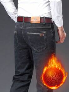 Jeans in denim termico elasticizzato da uomo, vestibilità slim fit e gamba dritta, adatti per abbigliamento casual business, ideali per zii di mezza età e papà, regalo perfetto per Natale, Ringraziamento, Festa del Papà o compleanno, adatti per l'autunno/inverno - nero - Visualizzare 1