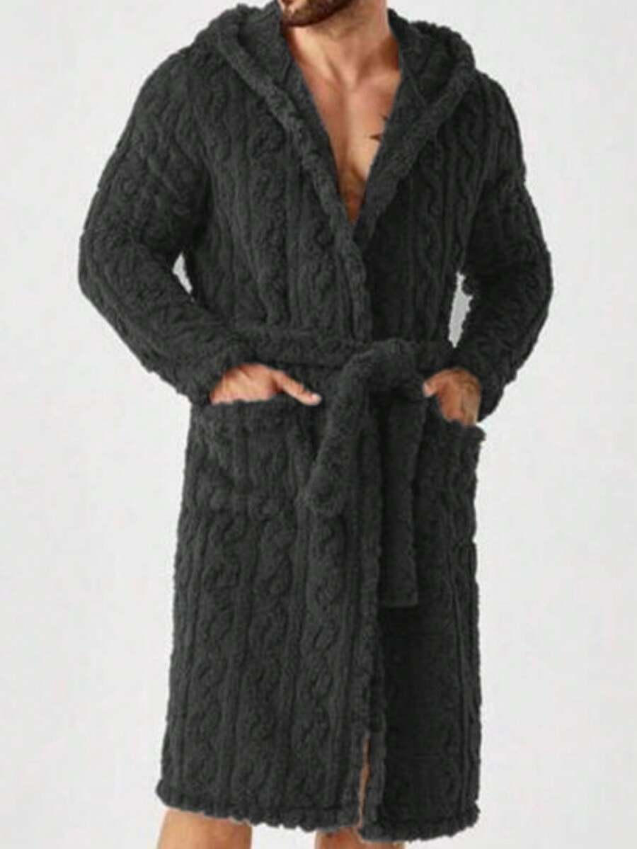 1件男士纹理口袋腰带连帽浴袍休闲款