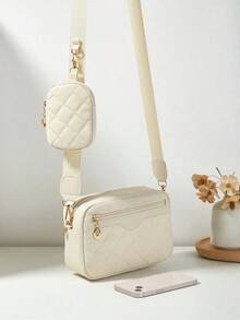 1 Pc Women's Small Square Shoulder & Crossbody Bag, Quilted Diamond Pattern Mini Handbag/Coin Purse - Beige - View 6
