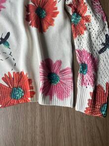 Suéter de punto acanalado con cuello en V, manga larga y estampado de margaritas para uso en casa - Rosa - Ver 3