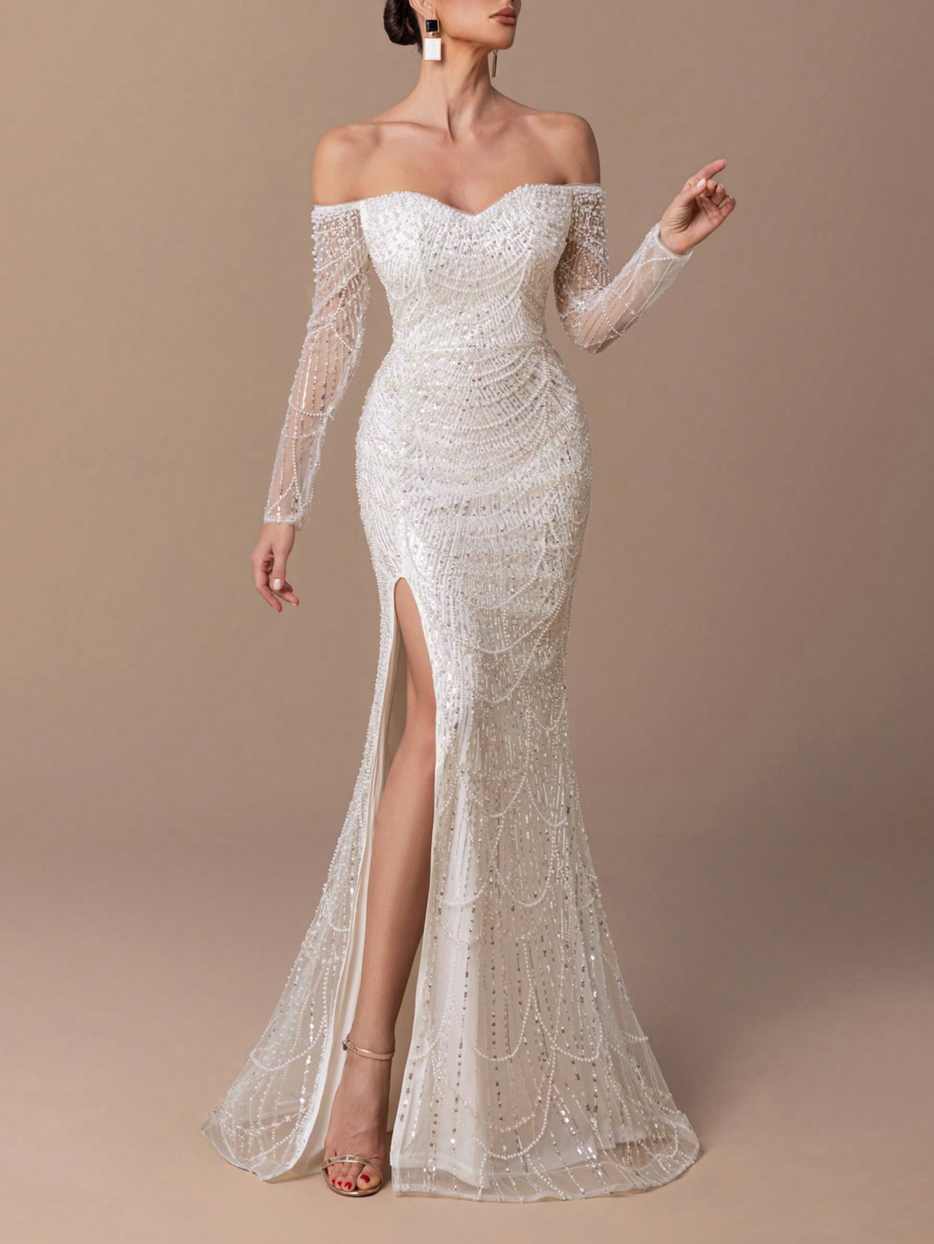 فستان سهرة أنيق للنساء بأكمام طويلة وكتف مكشوف، مط...