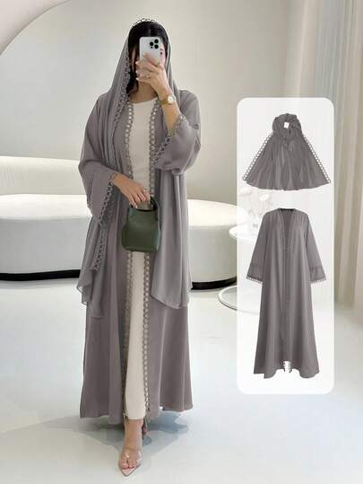 Conjunto de abaya abierta con ribete de encaje y pañuelo de gasa - Ligero, modesto y transpirable para primavera/verano