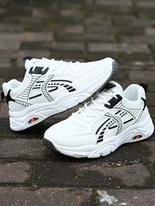 男士厚底运动鞋，适合所有季节，百搭，透气户外网眼休闲鞋，新款厚底跑步运动鞋 - 黑與白 - 查看 5