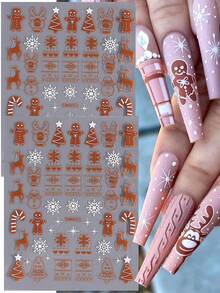 2 pièces Autocollants d'ongles avec motifs de bonhomme en pain d'épices marron, sapin de Noël, flocon de neige, cerf, canne. Motifs de dessins animés mignons et brillants. Décalcomanies adhésives pour manucure et décoration d'ongles pour femmes et filles, pour les designs d'ongles du Nouvel An - Multicolore - Voir 2