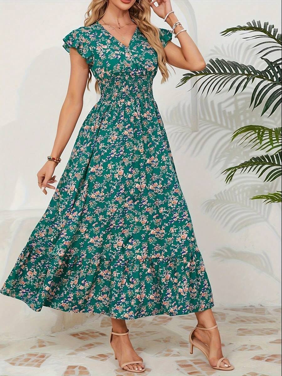 Women's A-Line Summer Dress, Ruffled Sleeves, V-Neck, Floral Print, Elastic Waist - 綠色 - 查看 1