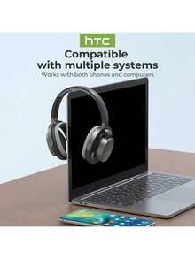 HTC HP07 On-Ear Headphones Intelligent Active Noise Cancelling Technology Focused Listening In Noisy Environments One-Touch Transparency Mode Comfortable In-Ear Comfort And Long-Lasting Battery Life Black