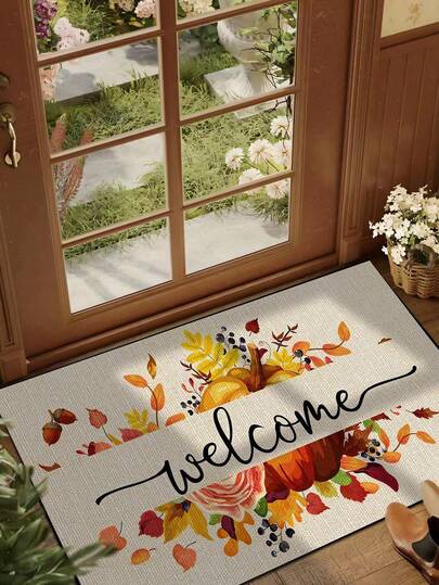 1pc Autumn Maple Leaf, Pumpkin, Pinecone "Welcome" Pattern Entrance Mat, Seasonal Farmhouse Style Machine Washable Polyester Fiber Door Mat, Suitable For Living Room, Kitchen, Bedroom, Entrance, Home Decoration, All Seasons Kitchen Rug