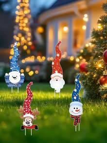 4pcs Christmas Garden Sign Set - Art Deco Style Santa And Reindeer Courtyard Sign, Durable Plastic Material, Outdoor Holiday Decoration, Suitable For Lawn Display, Outdoor Christmas Decorations, Christmas Courtyard Lawn Decorations, Indoor And Outdoor Decorative Sign Marker