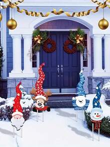 4pcs Christmas Garden Sign Set - Art Deco Style Santa And Reindeer Courtyard Sign, Durable Plastic Material, Outdoor Holiday Decoration, Suitable For Lawn Display, Outdoor Christmas Decorations, Christmas Courtyard Lawn Decorations, Indoor And Outdoor Decorative Sign Marker