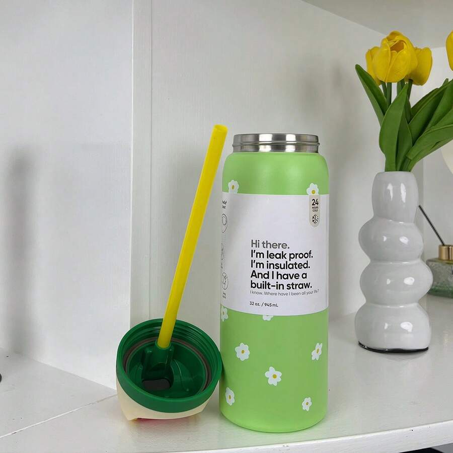 Water Bottle 32oz,Multiple Colors Are Available,With Straw,Heat Preservation Time More Than 24 Hours, Cold And Hot Water Can Be Insulated, Can Make Coffee, Frozen Drinks, Beautiful Appearance, Exquisite Workmanship, Suitable For Camping, Work, Indoor Use. - Hoa cúc Darling-32oz - Xem 1