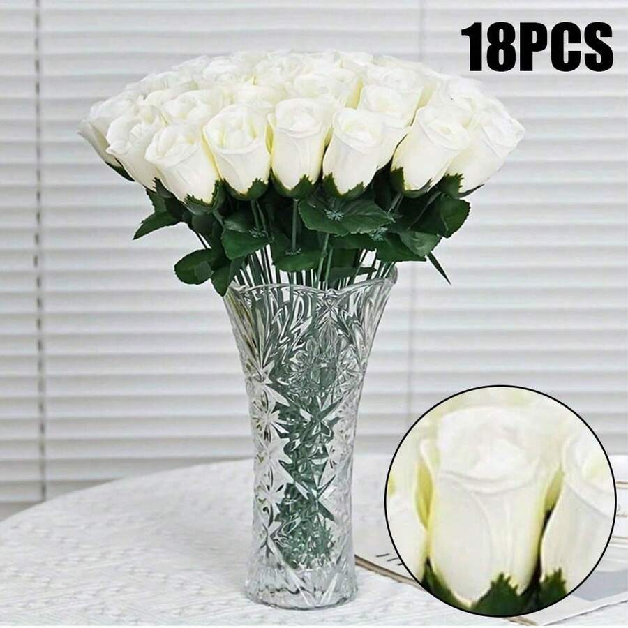 18pcs White Artificial Roses, Silk Flowers, Fake Flowers For Living Room Decoration, Wedding Accessories, Valentine'S Day Gifts (Vase Not Included), Valentine Day, Gift Birthday Graduation, Realistic Long-Stemmed Rose Bouquets, Fake Flowers, Fake Plants, Suitable As Bride's Bouquet, Wedding Decorations