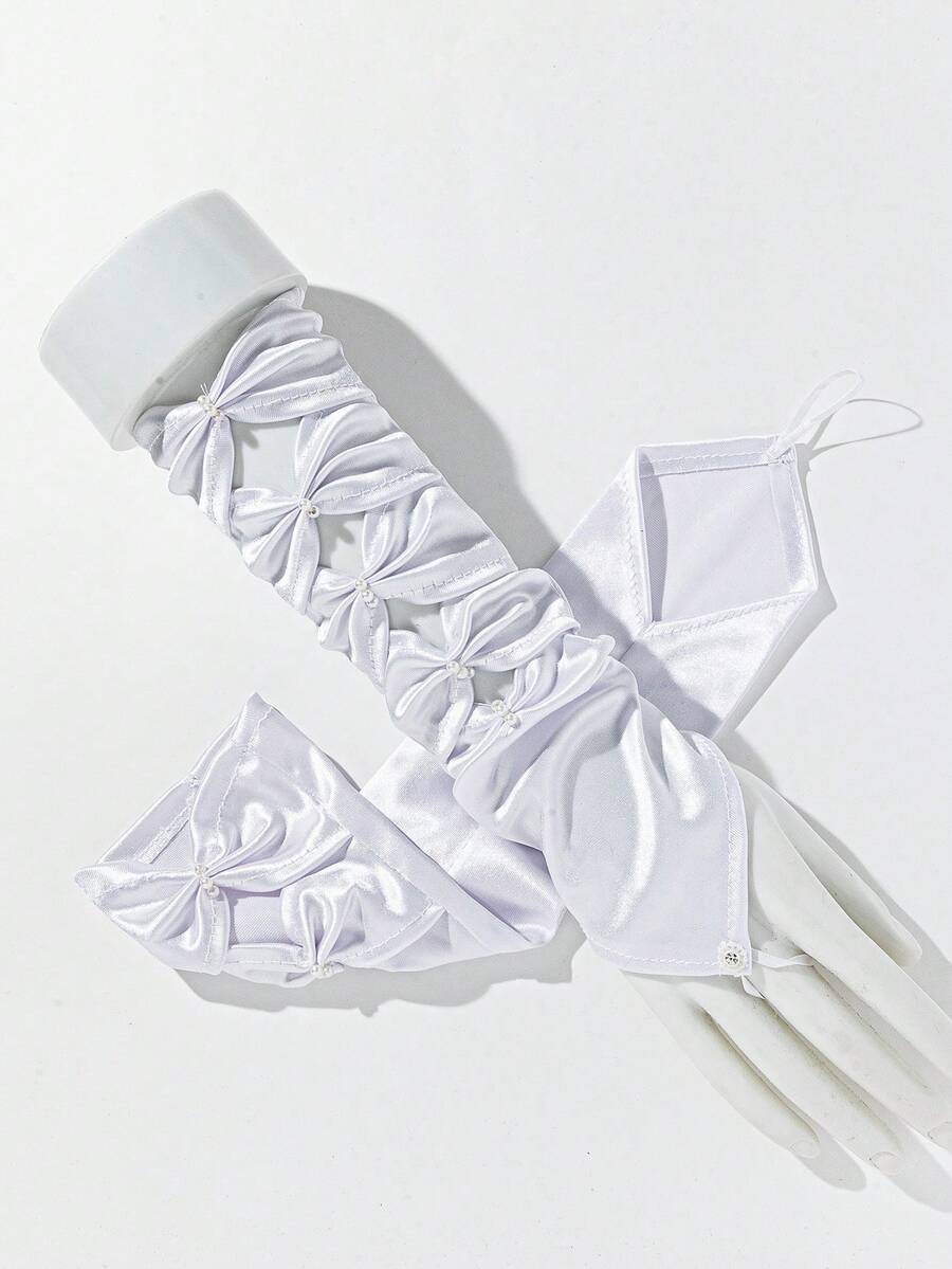 1 Pair White Pleated Mid-Length Gloves, Suitable For Weddings And Parties