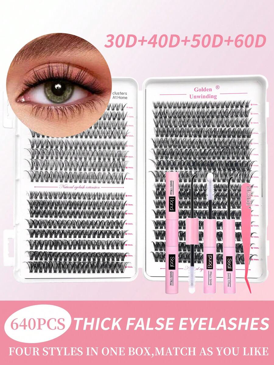 30D+40D+50D+60D Mixed 640pcs Eyelash Extension Kit, DIY Eyelash Extension Set, Individual Lash Cluster, D Curl Eyelash Extension Kit, Includes Adhesive, Sealant And Eyelash Extension Tools, Suitable For Daily Use, Parties, Travel, Or As Gifts For Family And Friends - 黑色 - 查看 1