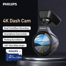 PHILIPS Dash Camera For Cars 4K Full UHD Car Camera Front Rear With SD Card Dashcams For Cars With Night Vision 24 Hours Parking Mode Sensor Motion Detection Mobile Connection To View Playback
