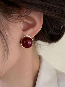 1 Pair Vintage Elegant Rhinestone & Faux Pearl Round Design Earrings, Suitable For Daily, Party, And Formal Occasions For Women - Burgundy - View 3