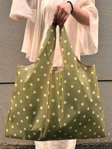 This Spacious, Foldable Casual Tote Bag Is An Essential Item For Autumn And Winter. Stylish And Portable, It's Suitable For Shopping, Travel, School, And Various Other Occasions. Its Simple And Fashionable Design In A Solid Color Is Perfect For Storing School Supplies. The Green Polka Dot Foldable Shopping Bag Is Multi-Purpose. - Multicolor - View 5
