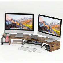 Base para Monitor de Computadora Escritorio Doble, Soporte para Monitor Escritorio Computadora 2 Niveles, Estante Monitor Ángulo y Longitud Ajustable, Accesorios para Escritorio Oficina, Hogar - Rectángulo-marrón - Ver 10