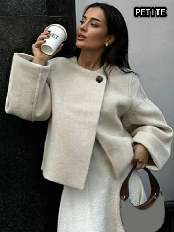 Petite Women's Fashionable Elegant Minimalist/Casual Versatile Loose Button Pocket Short Jacket, Suitable For Daily Outings, Home, Holidays, Dates, Travel In Autumn/Winter