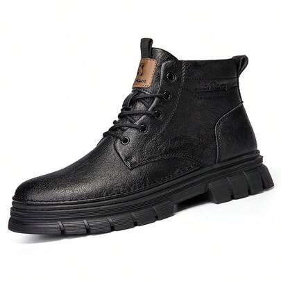 Men's High-Top Boots, Anti-Slip Rubber Sole, Casual Versatile Snow Boots, British Style Work Boots, Hiking Outdoor Elevator Short Boots