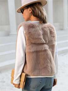 Women Faux Fur Coats - Khaki - View 2