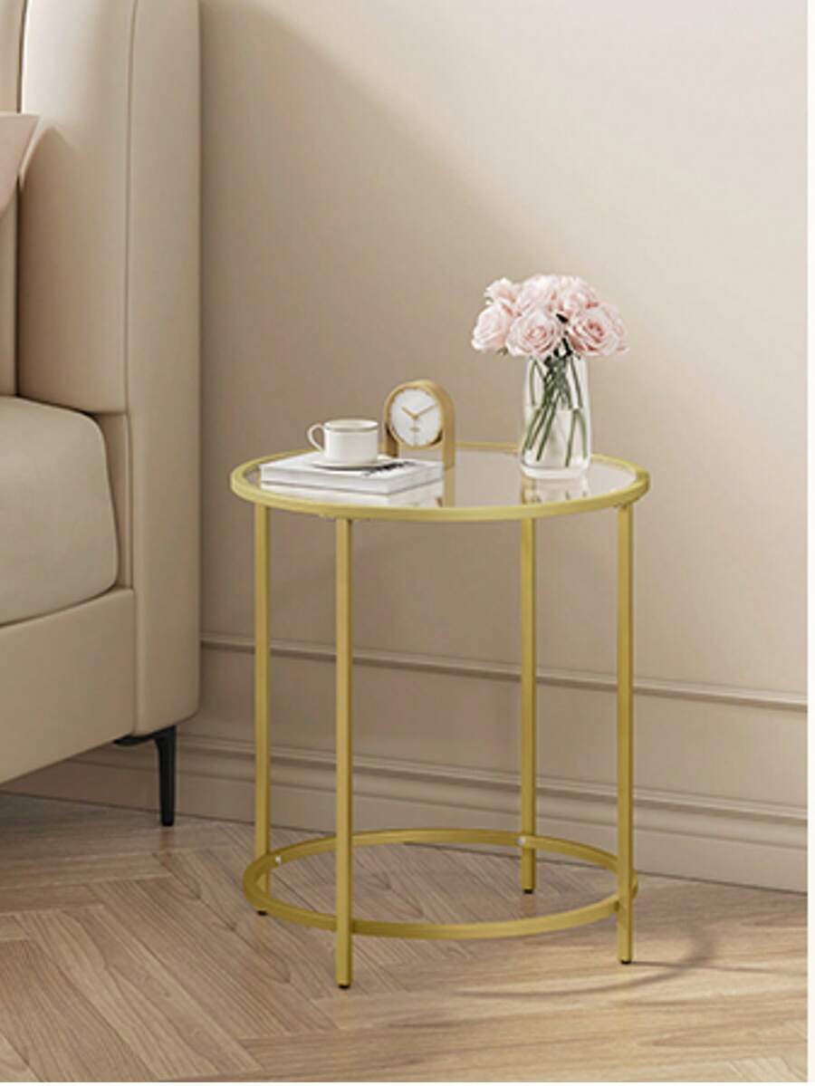 Round Side Table, Small Coffee Table, Tempered Glass End Table With Steel Frame, Bedside Table, Living Room, Balcony, Metallic Gold And Transparent LGT20G - Gold - View 1
