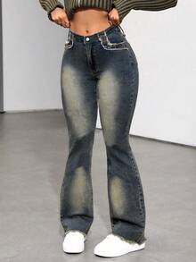 Casual Sexy Women's Denim Flare Leg Jeans Long Button Zipper Raw Hem Medium Stretch For A Stylish Look - Dark Wash - View 4