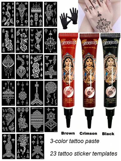 3-Color Henna Tattoo Paste, 23pcs Hand-Painted Tattoo Template, Hand Temporary Tattoo Set, Suitable For Body Art Painting, Hand Decoration Temporary Tattoo