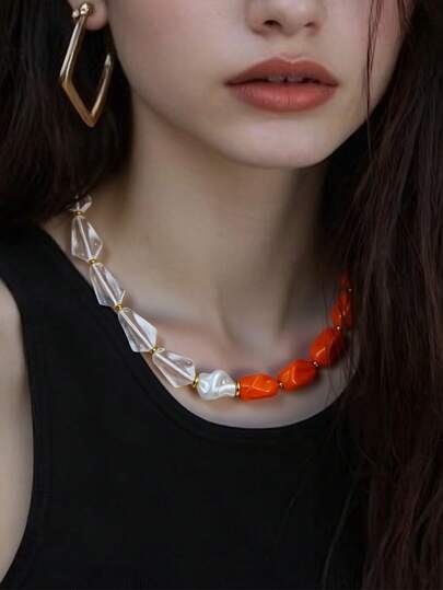 1pc Elegant Minimalist Colorful Acrylic Asymmetric Beaded Choker Necklace, Suitable For Vacation, Daily Wear, Dates, Jewelry Gift For Women