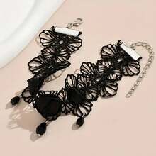 Prizomir Women's Gothic Black Lace Anklet With Beads And Chain - Elegant Anklet Jewelry Suitable For Daily And Party Wear, All-Season Exquisite Foot Accessory, Comfortable And Versatile Design, Year-Round Accessory (Beach, Formal Occasions) - Exquisite Anklet With Intricate Lace Details, Gun Black Finish, Simple Fashion, Suitable For Casual Or Formal Outfits - 黑色的花朵 - 查看 2