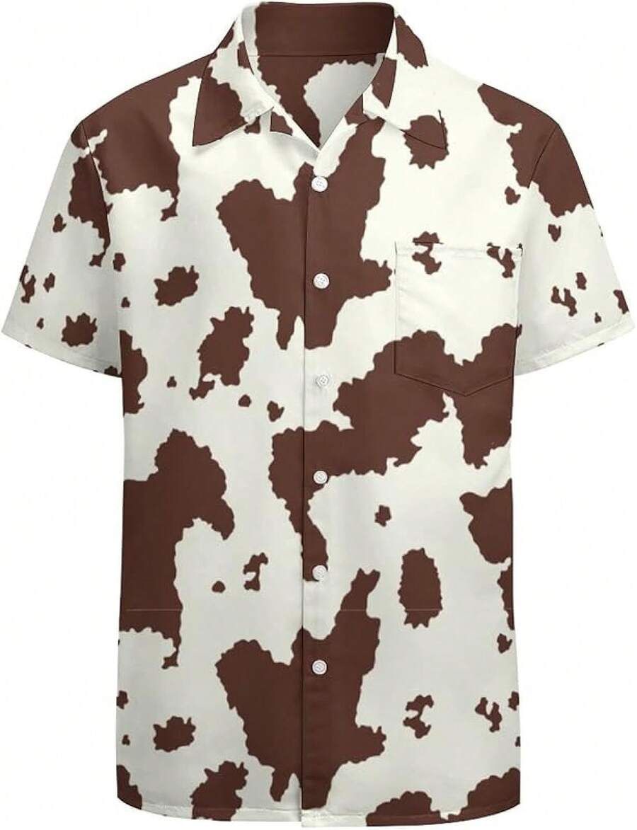 Men's Novelty Button Up Shirt Funky Short Sleeve Party Shirts Casual Hawaiian Beach Shirthalloween - 棕色,白色 - 查看 1