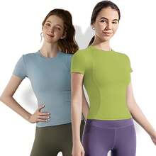 OENZBZV Paquete de 3 Playera Deportiva Mujer Cuello Redondo, Blusa Deportiva Mujer Corta, Camisetas Elástica para Mujer, Gym Ropa Mujer - Azul claro + Verde + Rosa - Ver 5