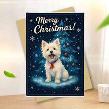 1 pièce Carte de vœux de Noël Westie - Un chien Westie avec un sapin de Noël, des flocons de neige et un nœud rouge sur un fond bleu marine d'hiver enneigé - Cadeau de vacances pour les amateurs d'animaux de compagnie - Conception mignonne de West Highland Terrier blanc - Parfait pour les propriétaires de Westie - Carte de vœux festive pour les amis et la famille - Illustration thématique de la saison hivernale confortable - Cadeau de Noël idéal pour les amateurs de chiens, également adapté comme carte de Noël amusante ou carte postale