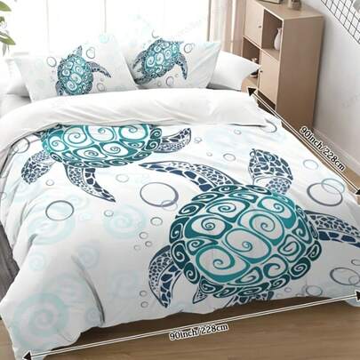 Aqua Teal Blue Duvet Cover Set, Sea Turtle Beach Theme 3-Piece Bedding Set With 2 Pillow Shams