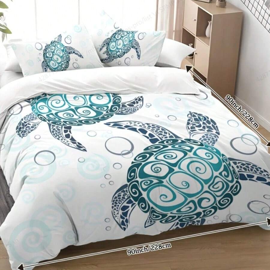 Aqua Teal Blue Duvet Cover Set, Sea Turtle Beach Theme 3-Piece Bedding Set With 2 Pillow Shams - Multicolor - View 1