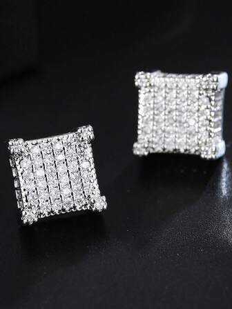 1 Pair Fashionable Minimalist Sparkling White Cubic Zirconia Stud Earrings, Unisex Daily Wear Hip-Hop Jewelry