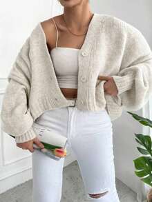 2025 Fashionable Loose Fit Short/Long Sleeve Knitted Cardigan Sweater Jacket For Women, Versatile For Spring, Autumn & Winter - Apricot - View 3