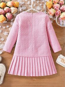 Girls' Elegant Solid Color Spring/Autumn Dress, Girls' Solid Color Back Zipper Long Sleeve Patchwork Pleated Skirt Dress, Gentle Lady Style, Comfortable & Versatile Daily Wear, Children Clothing - 粉色 - 查看 2