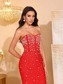 Beaded Decor Strapless High Slit Bandage Dress, Bridesmaid Dress For Parties And Festivals - Red - View 8