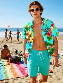 Men's Hawaiian Shirt Button Down Tropical Beach Short Sleeve Aloha Shirthalloween - 白花藍 - 查看 7