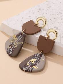 1 Pair Handmade Geometric Bicolor Gold Foil Pendant Earrings, Fashionable & Versatile For Women, Suitable For Vacation And Daily Wear - Coffee Brown - View 5