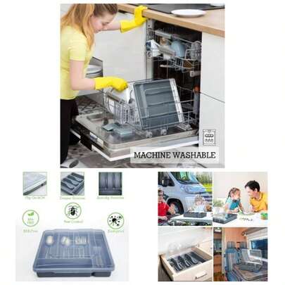 Silverware Tray With Lid, Utensil Drawer Organizer Kitchen Countertop Plastic Flatware Organizers And Storage Holder 5 Compartments Black