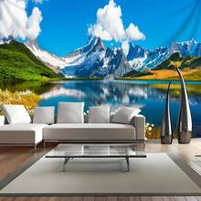 1 pieza Tela de fondo con escenario de lago de montaña nevada para decoración del hogar y fiestas, adecuado para dormitorio, sala de estar, estudio, decoración del hogar, incluye paquete de instalación - Multicolor - Ver 6