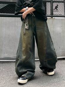 1pc Men's Distressed Vintage Wash Loose Fit Patchwork Design Straight Leg Jeans (Belt And Accessories Not Included) - Bronze - View 2