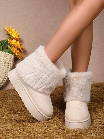 新款女式户外雪地靴短筒靴一脚蹬保暖内衬厚实保暖毛茸茸靴，厚底坡跟增高防水防滑耐用登山靴