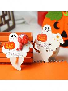 50pcs/Set Halloween Ghost Pattern Lollipop Decorative Paper Cards, DIY Decoration Cards